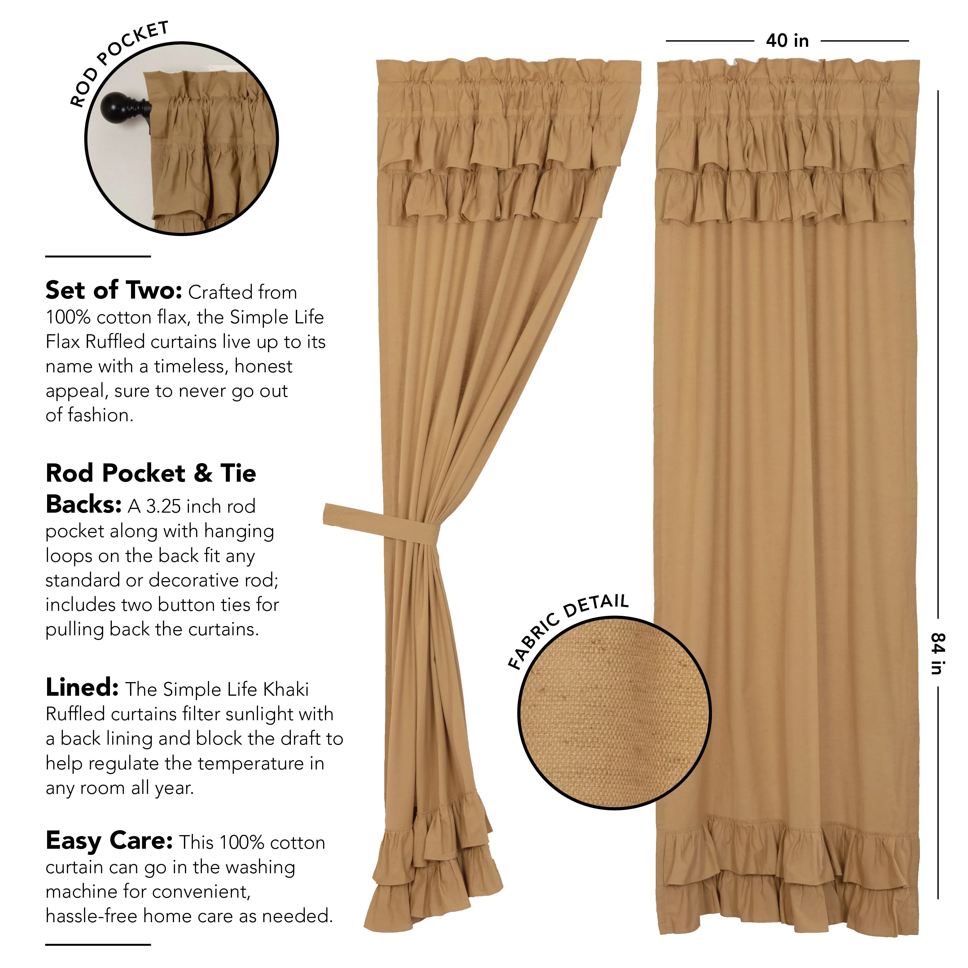 Simple Life Flax Khaki Ruffled Panel Set of 2 84x40