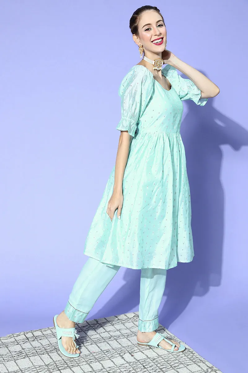 Sky Blue Poly Chanderi Square Neck Kurta Set