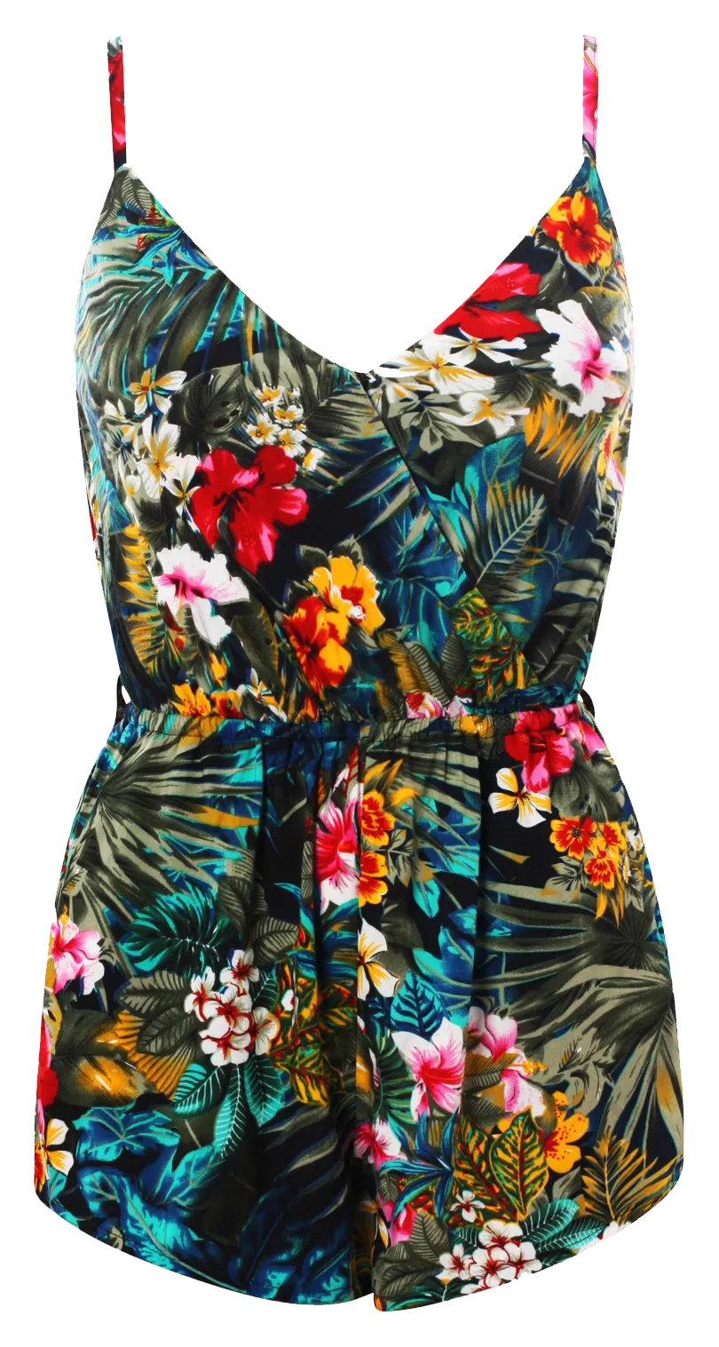 Sleeveless Tropical Print Playsuits with straps & pockets