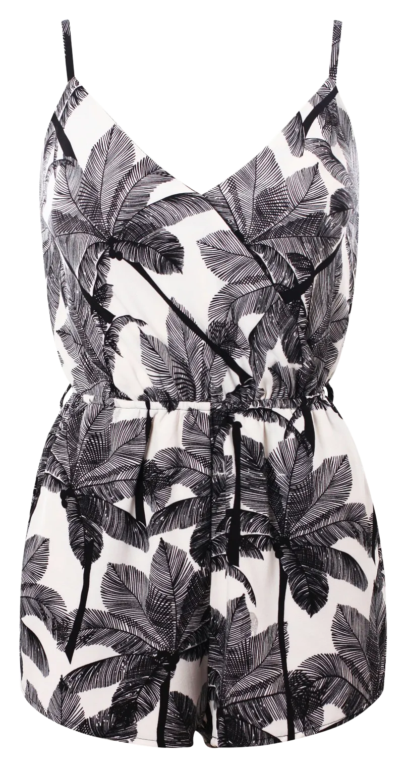 Sleeveless Tropical Print Playsuits with straps & pockets