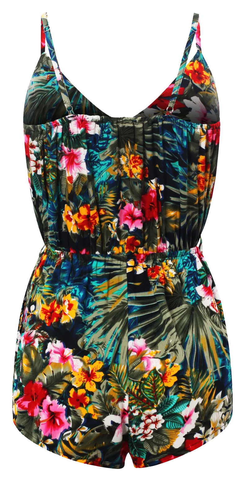 Sleeveless Tropical Print Playsuits with straps & pockets