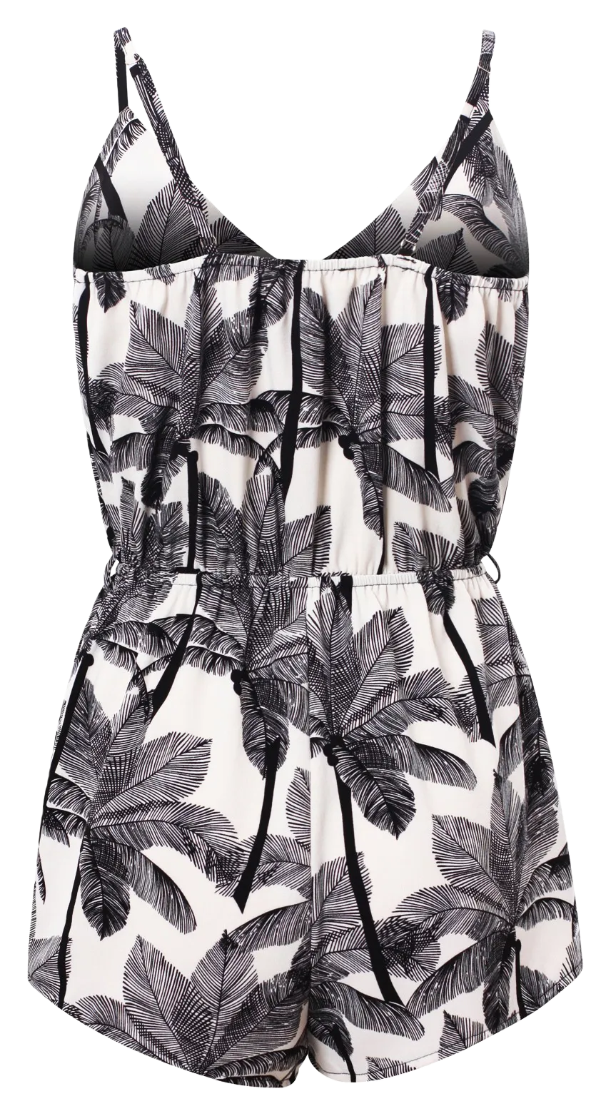 Sleeveless Tropical Print Playsuits with straps & pockets