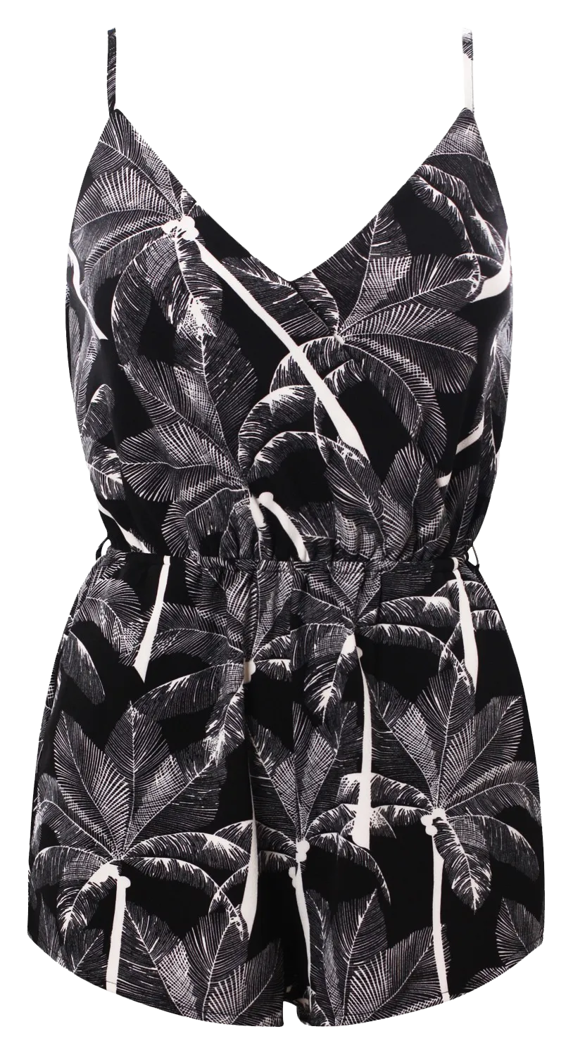 Sleeveless Tropical Print Playsuits with straps & pockets