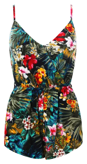 Sleeveless Tropical Print Playsuits with straps & pockets