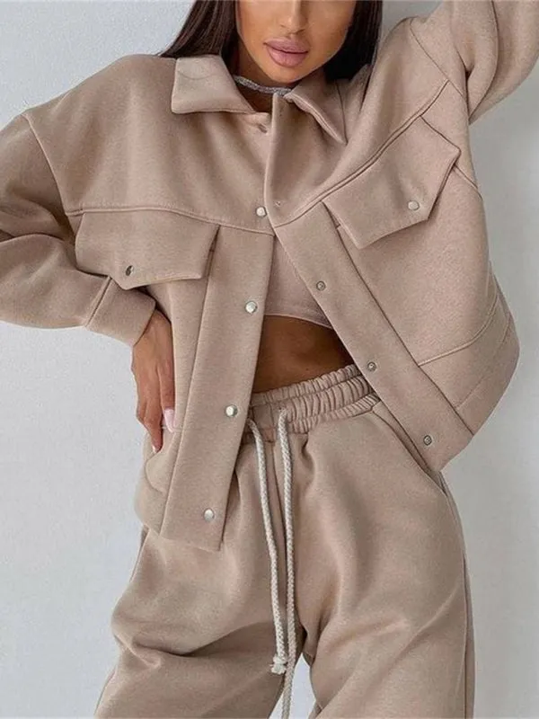 Solid color women's jacket jacket casual trousers suit long-sleeved jacket sweater two-piece suit