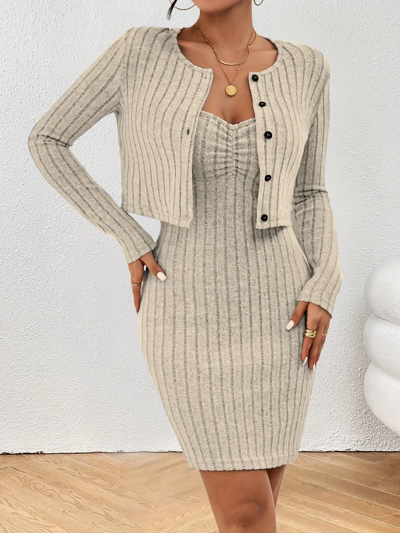 Solid Ribbed Chic Two-Piece Set - Button-Front Long Sleeve Tops & Bodycon Mini Dress - Flattering Casual Outfits for Trendy Women