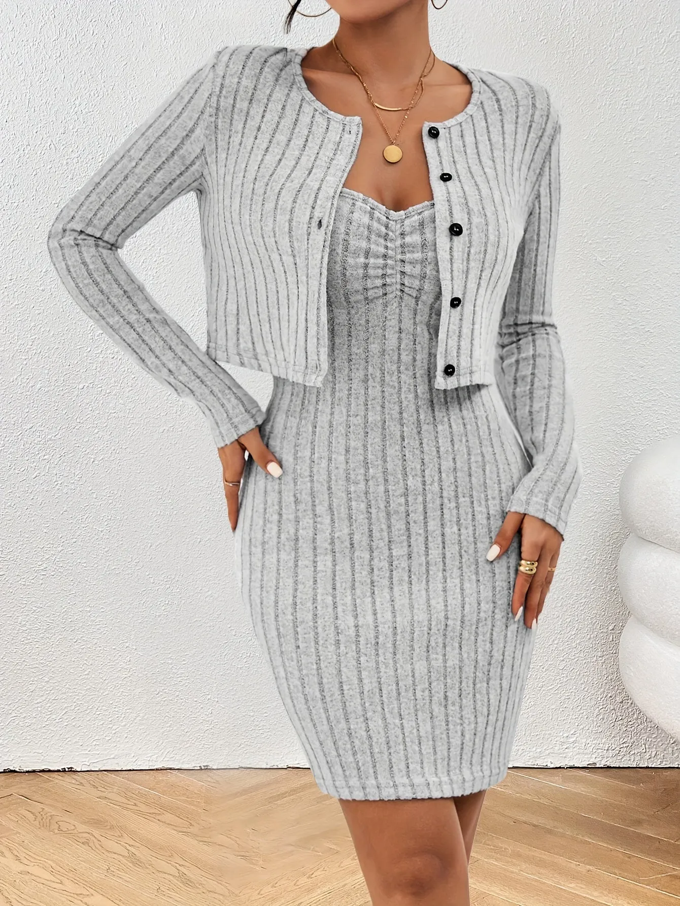 Solid Ribbed Chic Two-Piece Set - Button-Front Long Sleeve Tops & Bodycon Mini Dress - Flattering Casual Outfits for Trendy Women