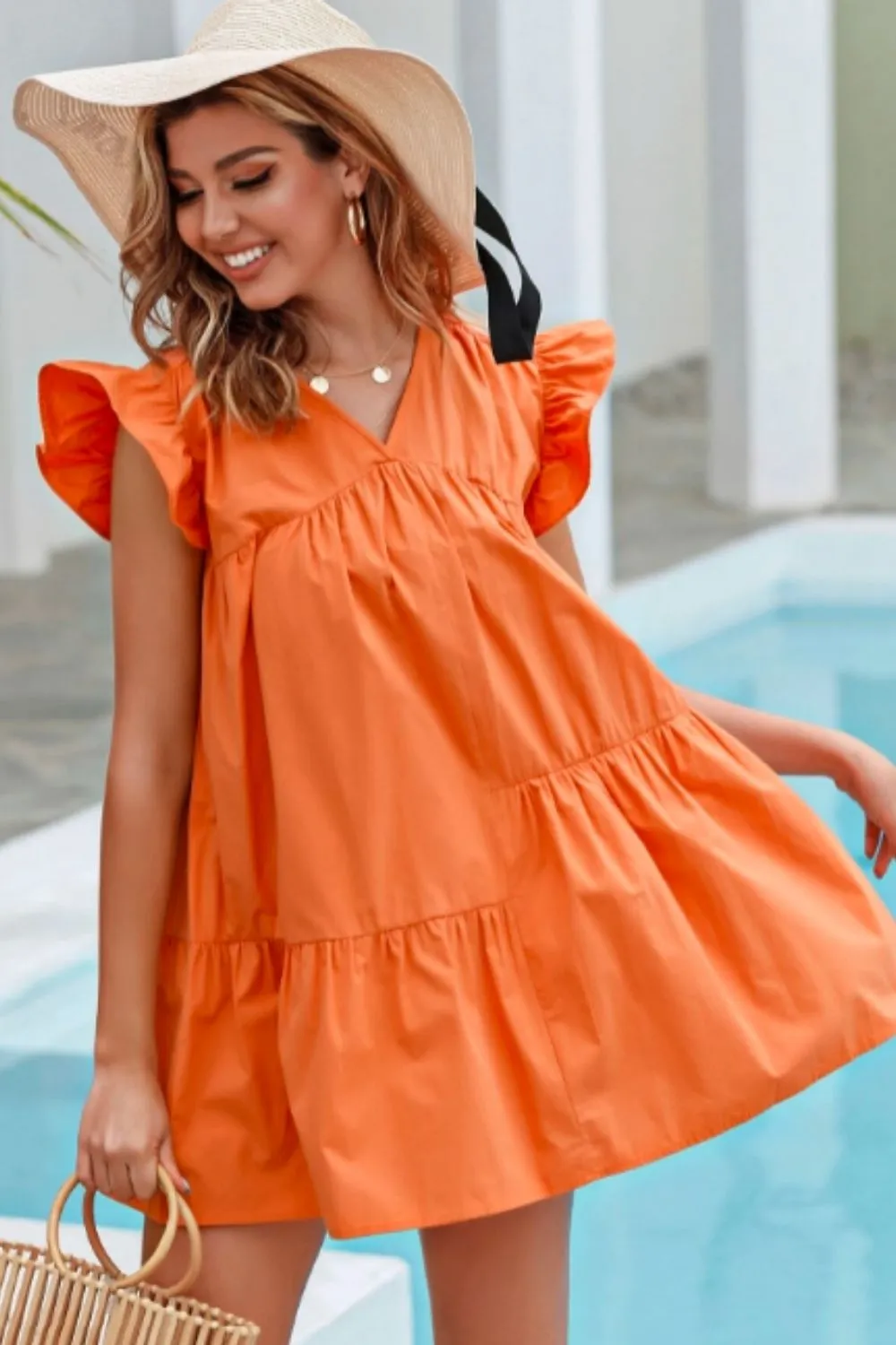 Solid Ruffle Trim Smock Dress