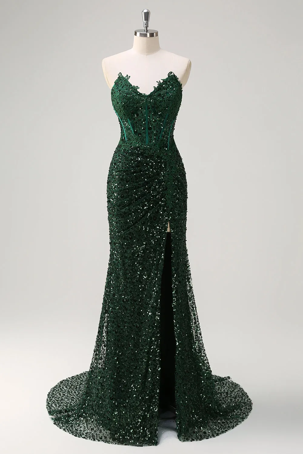 Sparkly Dark Green Ruched Corset Floor Length Prom Dress with Slit