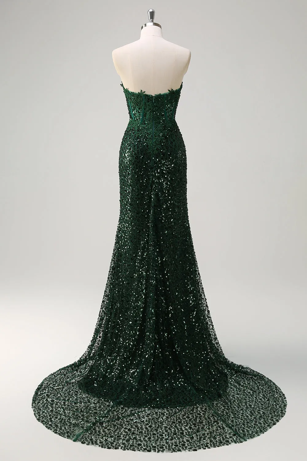 Sparkly Dark Green Ruched Corset Floor Length Prom Dress with Slit