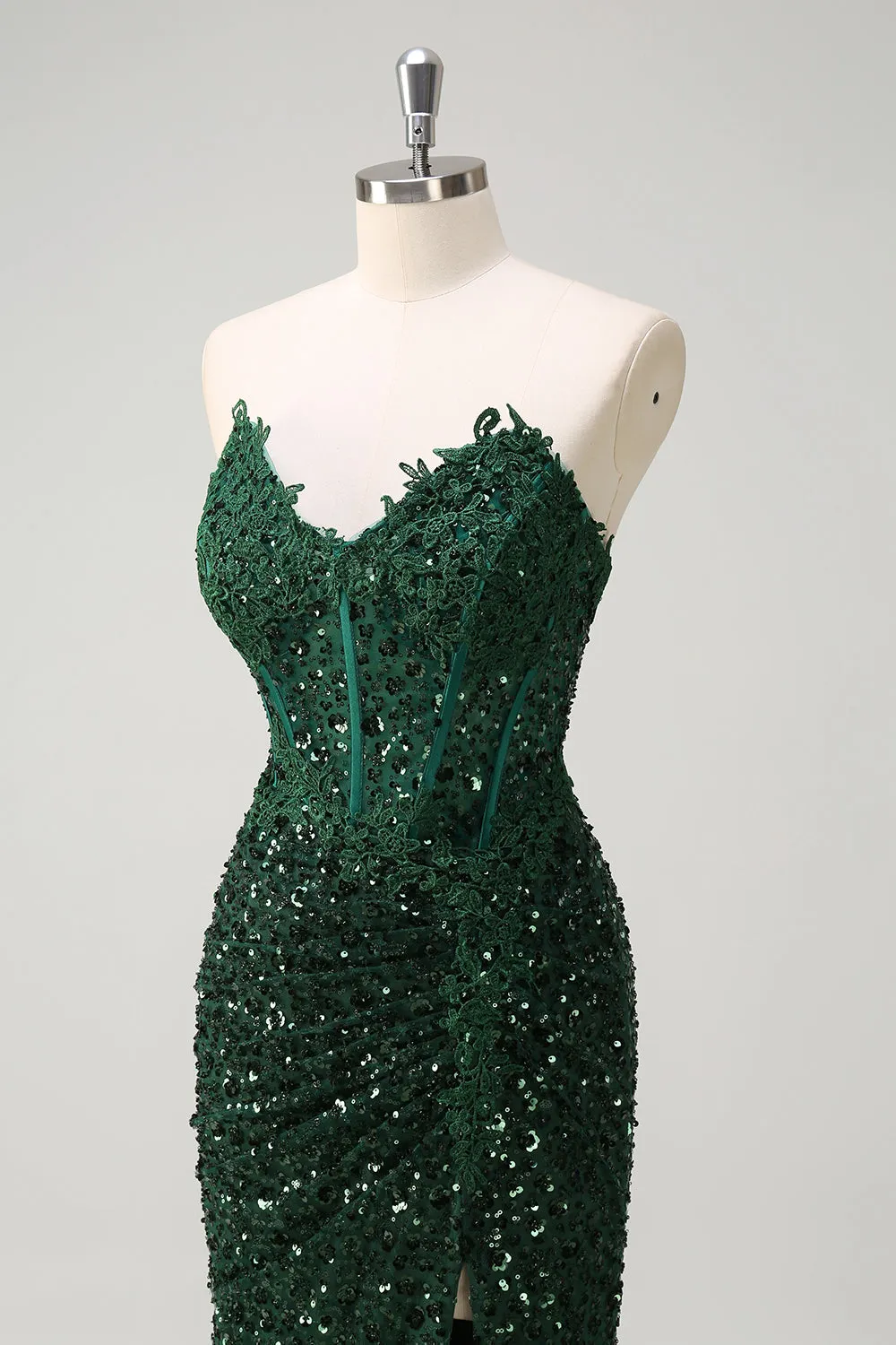 Sparkly Dark Green Ruched Corset Floor Length Prom Dress with Slit