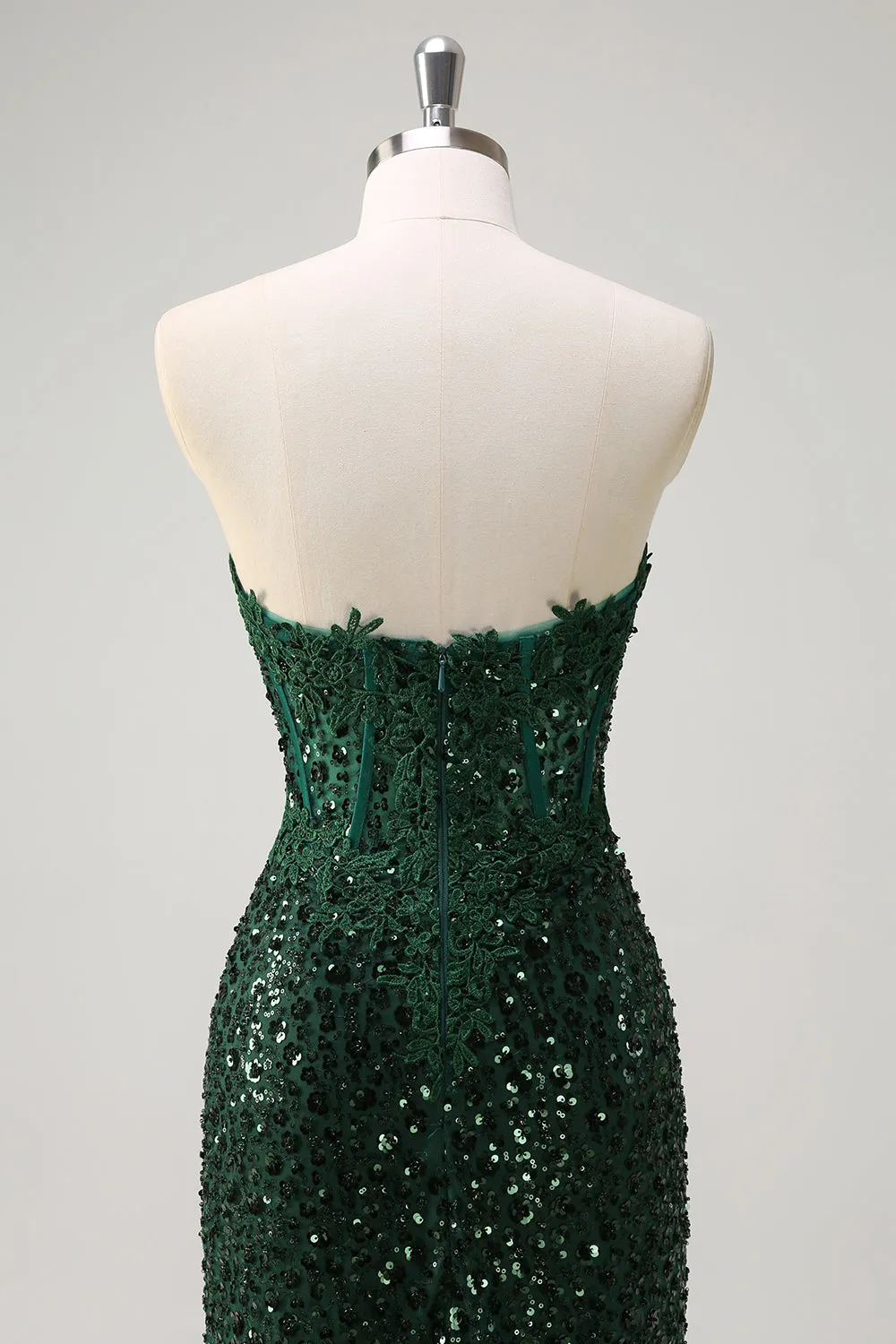 Sparkly Dark Green Ruched Corset Floor Length Prom Dress with Slit