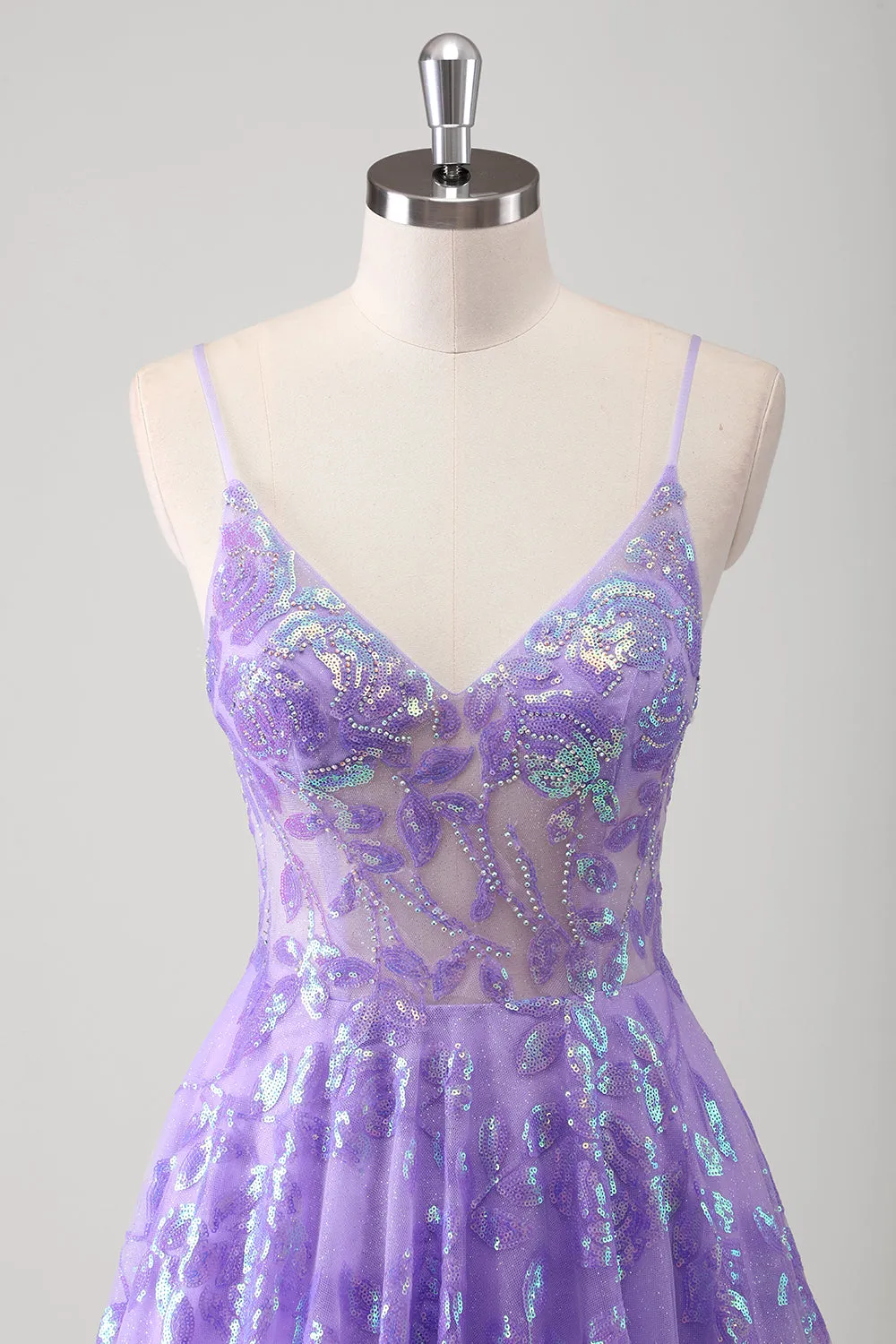 Sparkly Purple A Line Pleated Spaghetti Straps Prom Dress