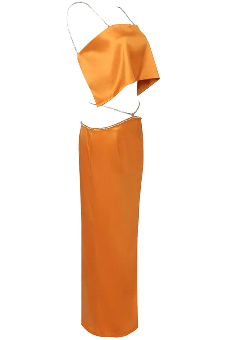 Sparkly Rhinestone Strap Crop High Waist Satin Two Piece Maxi Dress - Orange