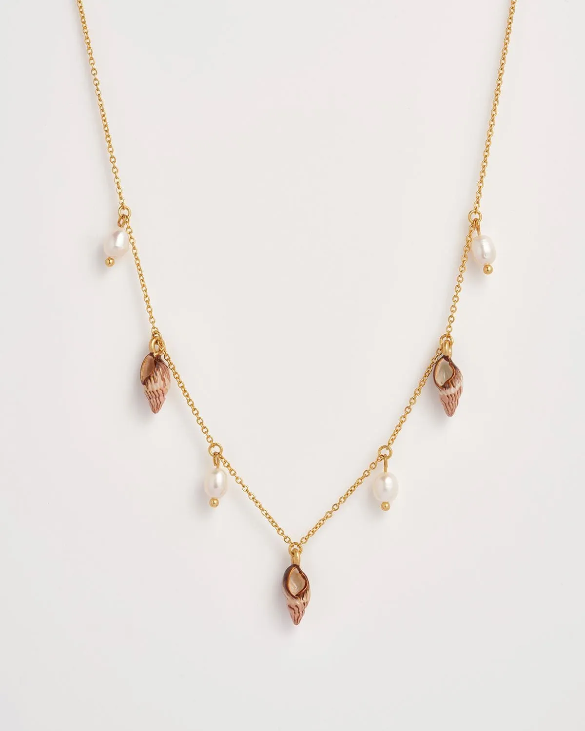 Spiral Shell Charm & Pearl Worn Gold Necklace