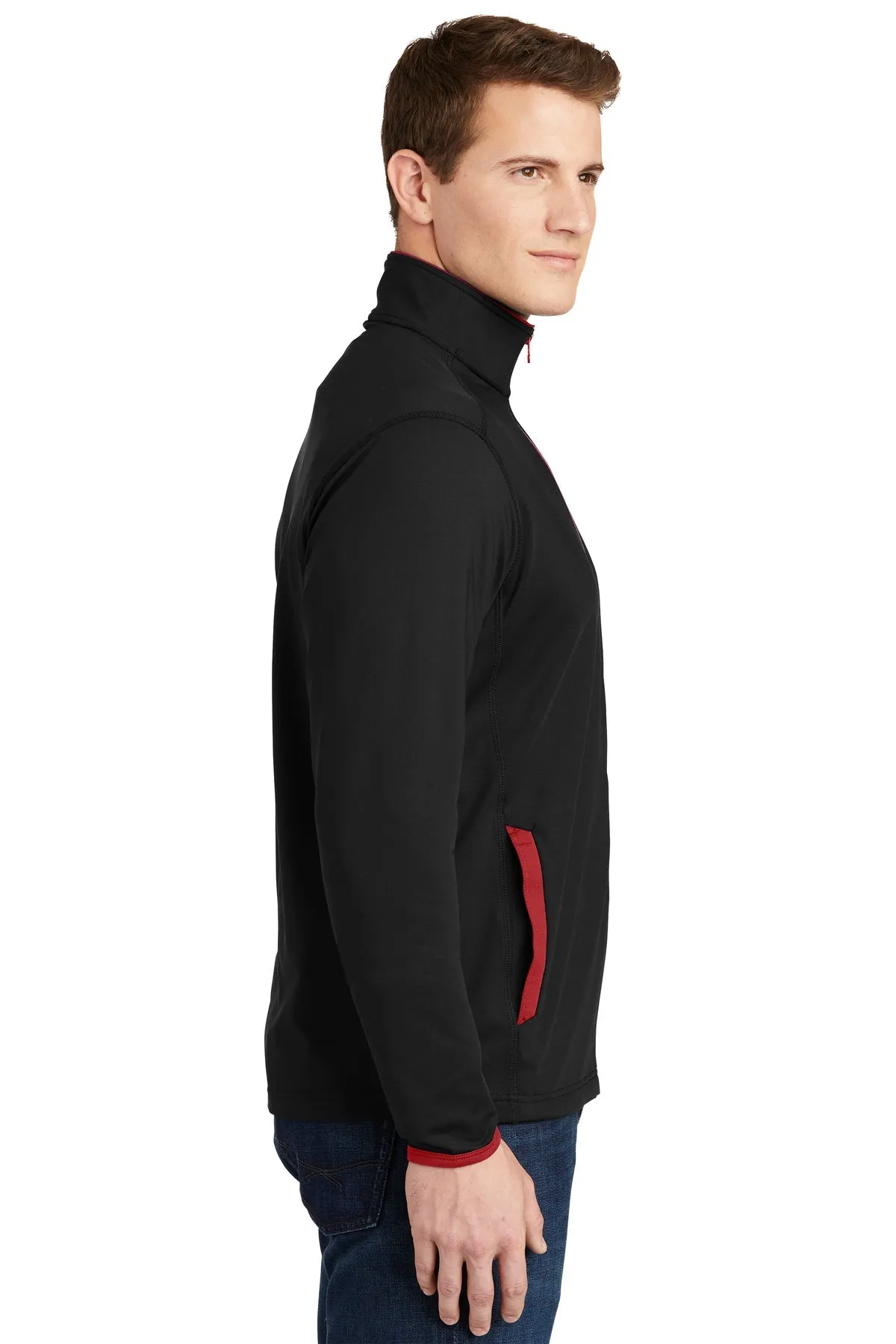 Sport-Tek Sport-Wick Stretch Contrast Branded Full-Zip Jackets, Black/ True Red