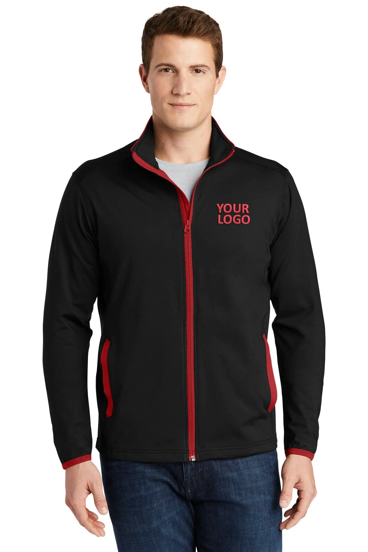 Sport-Tek Sport-Wick Stretch Contrast Branded Full-Zip Jackets, Black/ True Red