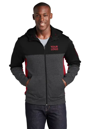 Sport-Tek Tech Fleece Colorblock Branded Full-Zip Hooded Jackets, Black/ Graphite Heather/ True Red