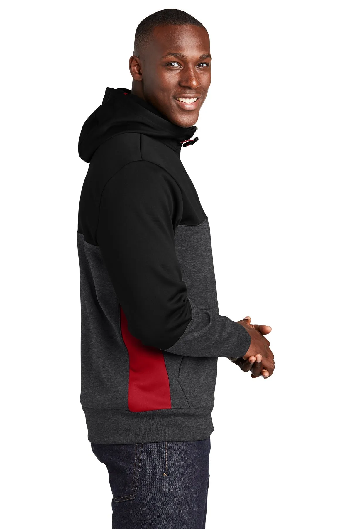 Sport-Tek Tech Fleece Colorblock Branded Full-Zip Hooded Jackets, Black/ Graphite Heather/ True Red