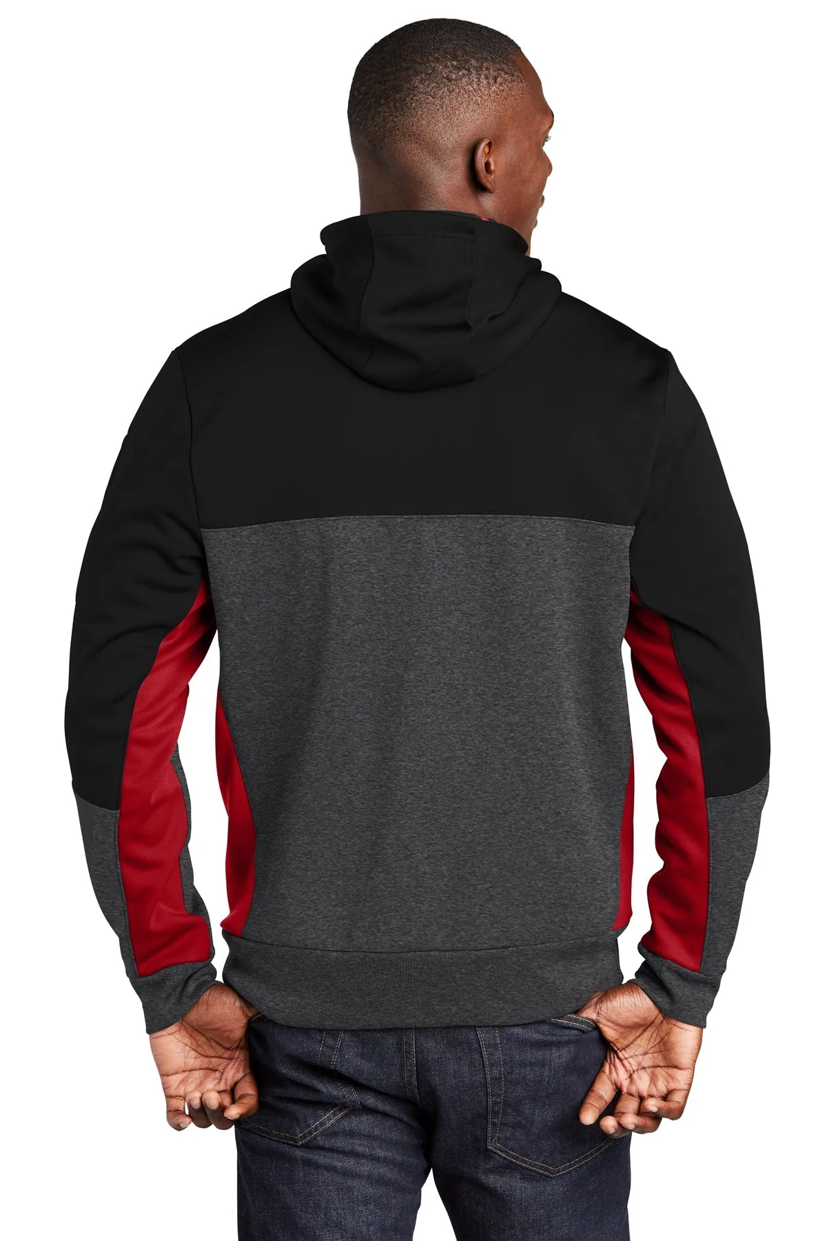 Sport-Tek Tech Fleece Colorblock Branded Full-Zip Hooded Jackets, Black/ Graphite Heather/ True Red