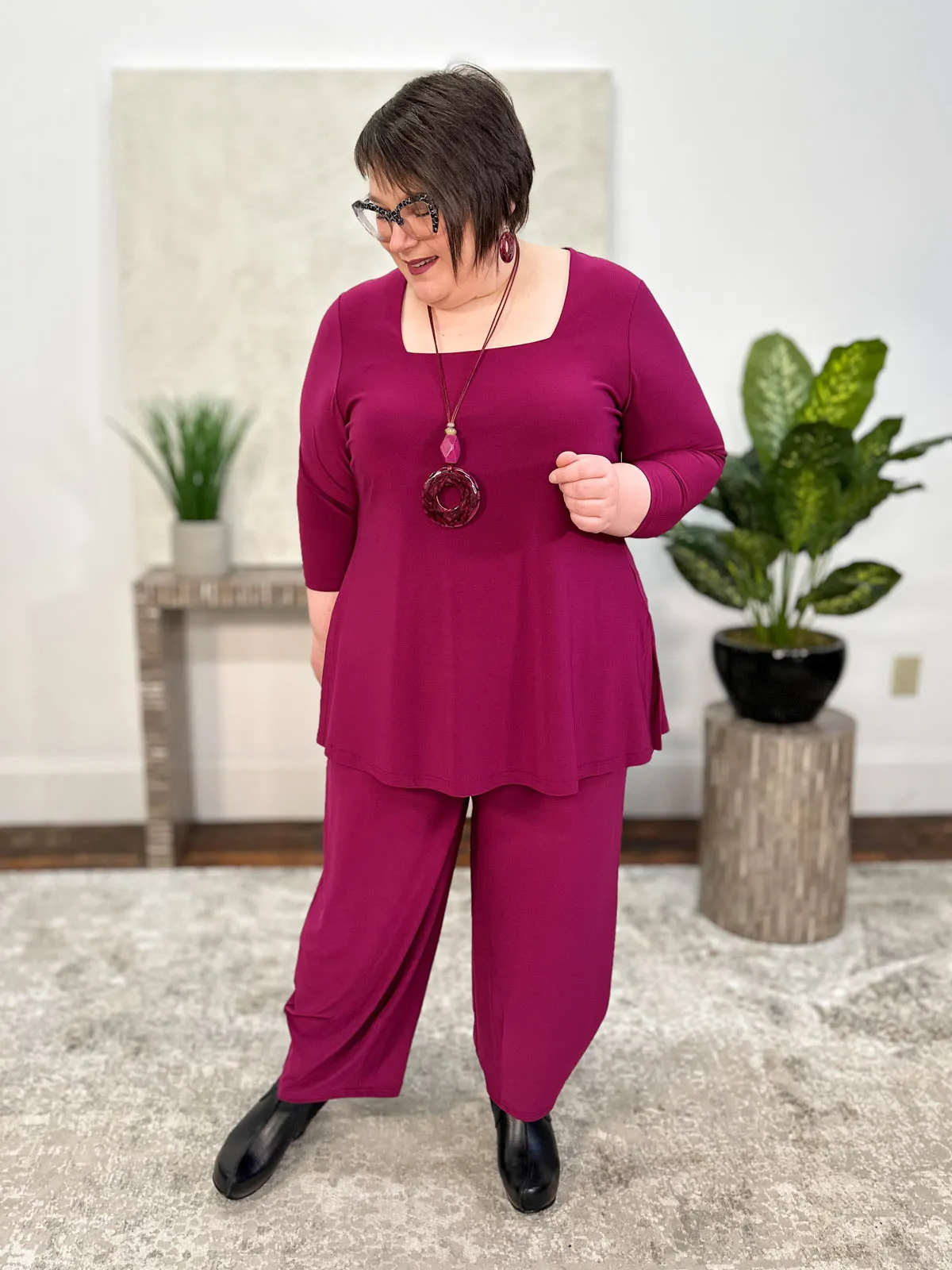 Square Neck Top, 3/4 Sleeve, Amaranth