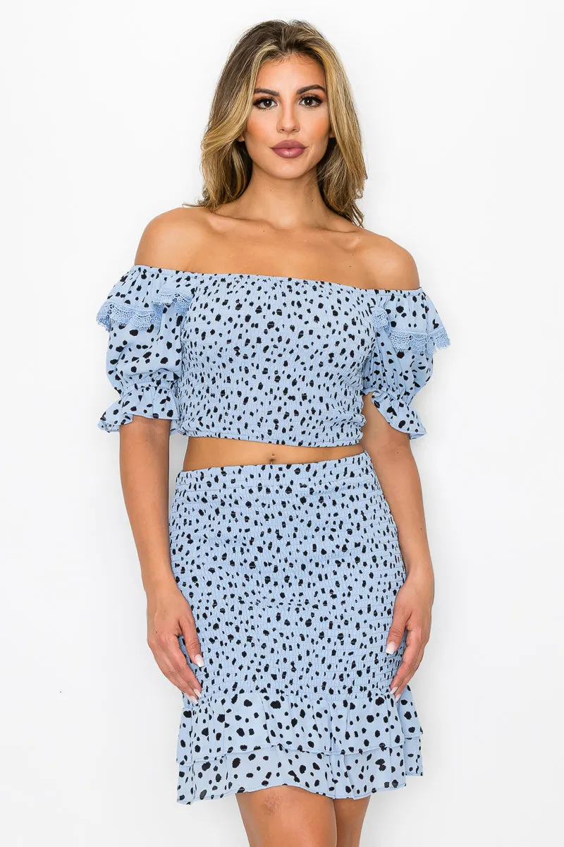 Square Neckline Ruffled Printed Top & Skirts Set