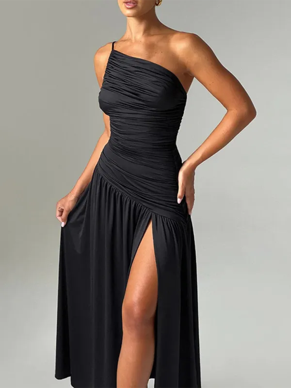 Strapless Off-Shoulder Gathered Slit A-line Dress