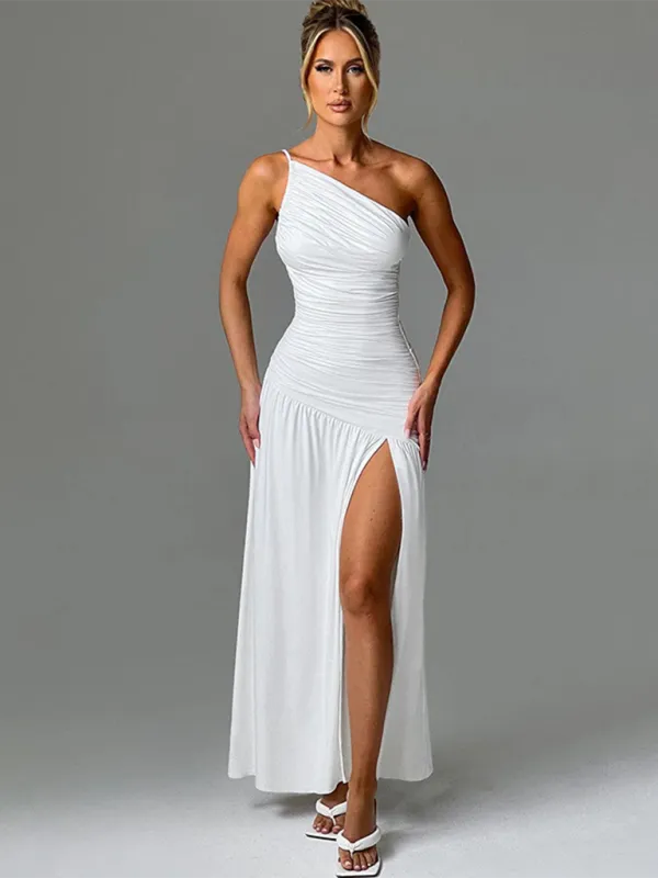 Strapless Off-Shoulder Gathered Slit A-line Dress