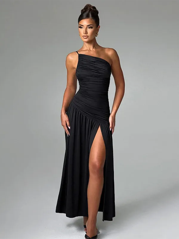 Strapless Off-Shoulder Gathered Slit A-line Dress