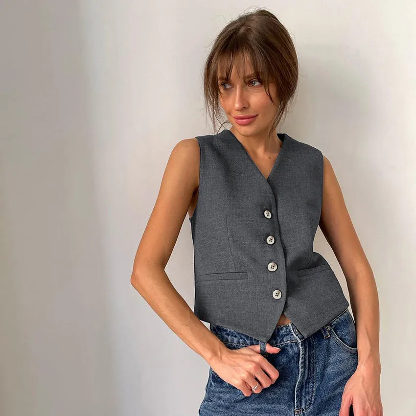 Summer Neutral Minimalist Gray Sleeveless Waistcoat Vest All Matching Women Clothing Two Piece Set