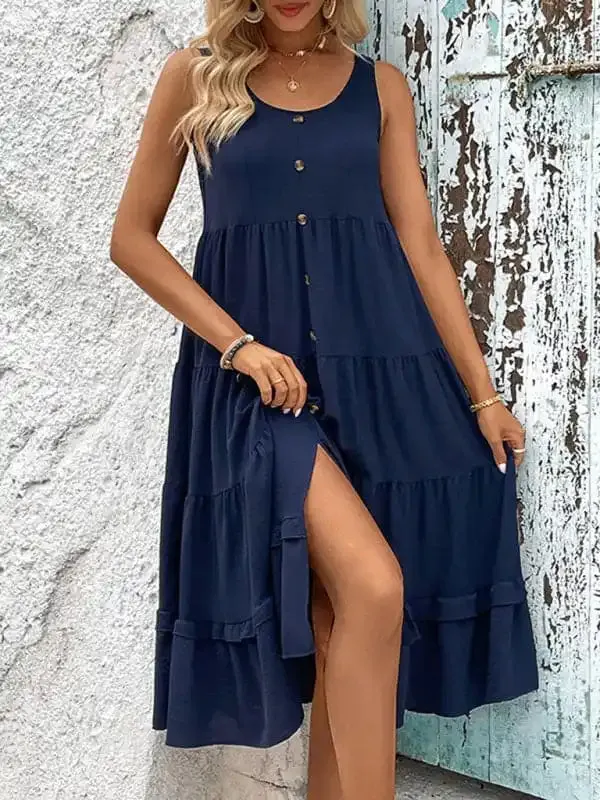 Summer new women’s sleeveless slit solid color dress