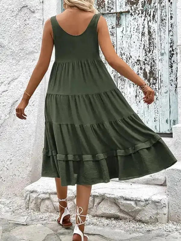 Summer new women’s sleeveless slit solid color dress