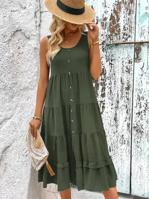 Summer new women’s sleeveless slit solid color dress