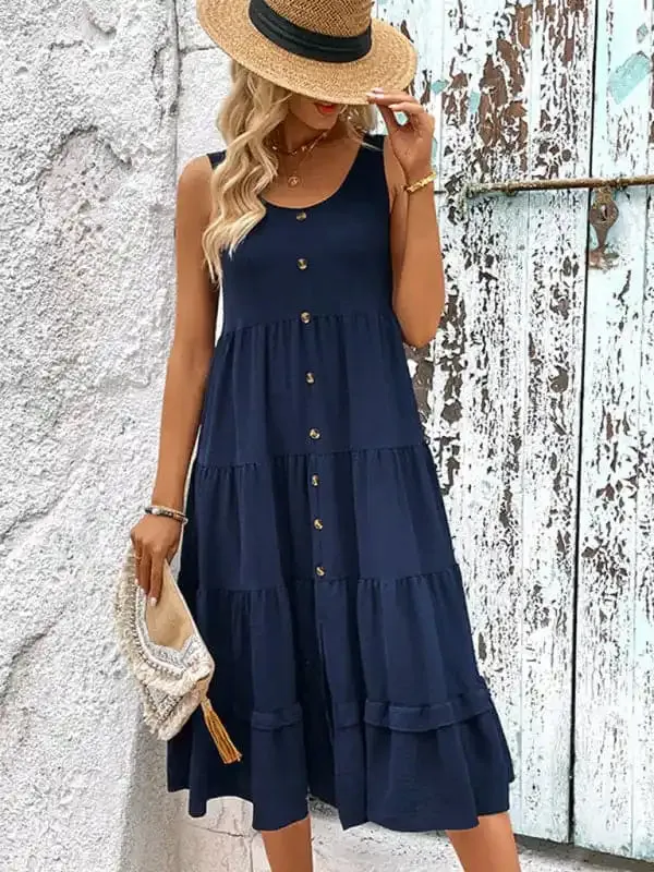 Summer new women’s sleeveless slit solid color dress