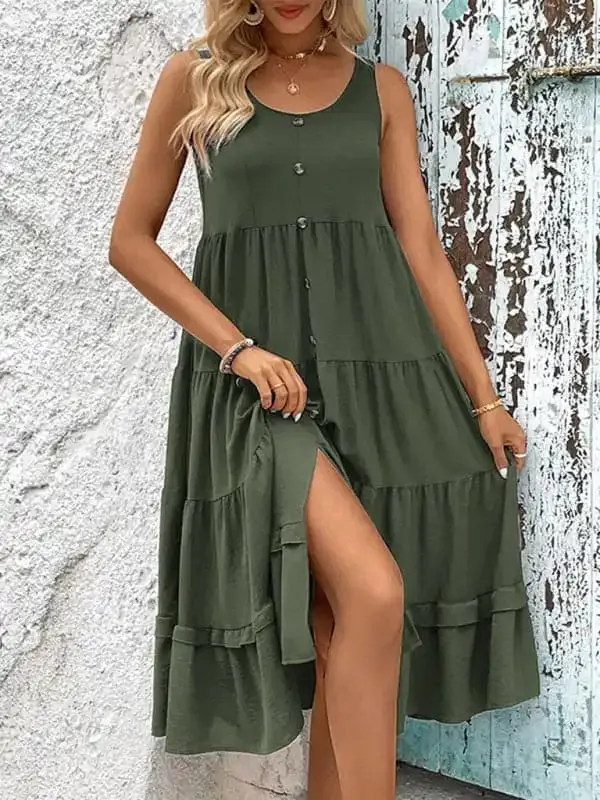 Summer new women’s sleeveless slit solid color dress