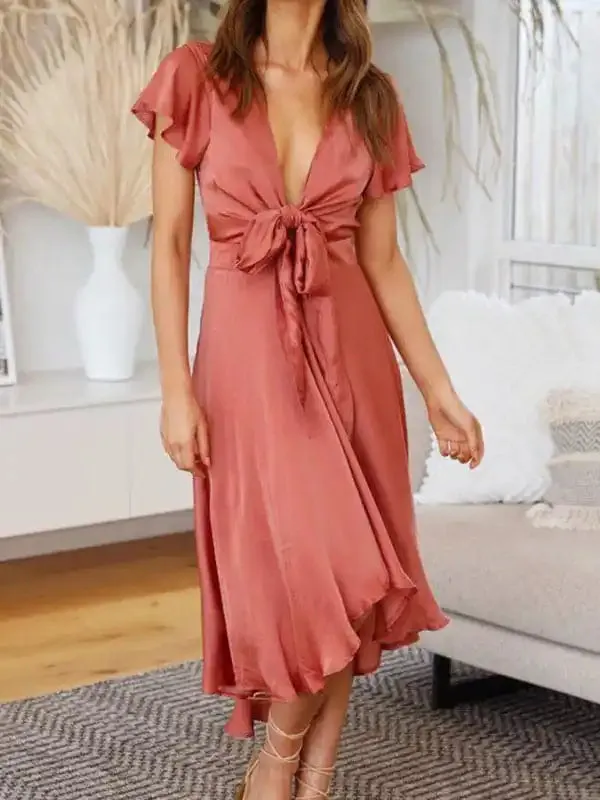 Summer sexy temperament women’s short-sleeved V-neck irregular skirt dress