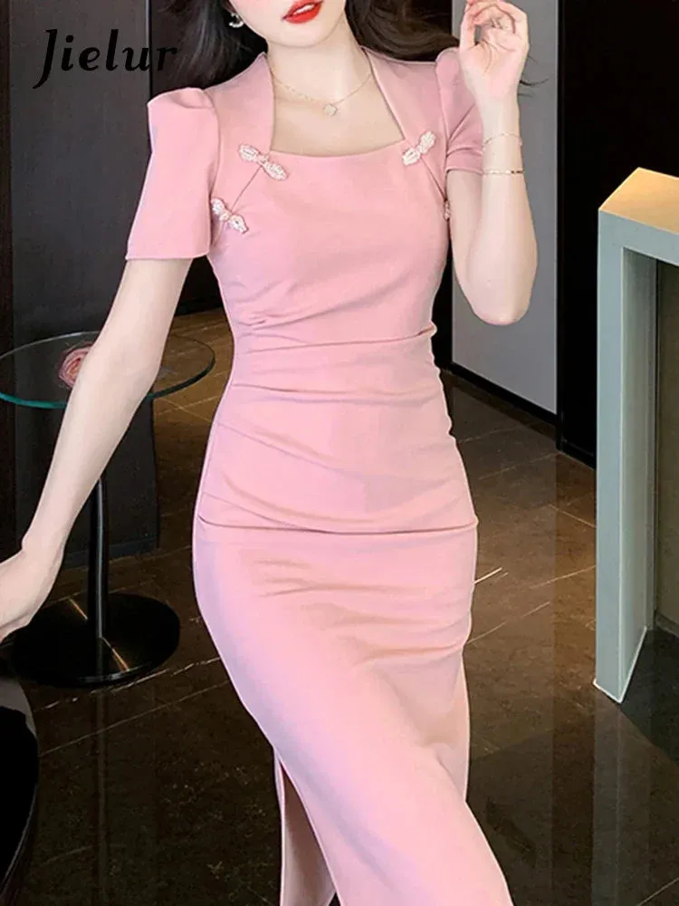 Summer Solid Color Slim Waist Fashion Female Dress Chinese Style Square Neck Pleated Tight Hip Chic Buttons Women Dresses