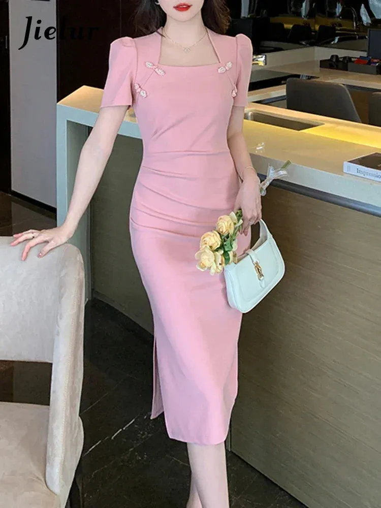 Summer Solid Color Slim Waist Fashion Female Dress Chinese Style Square Neck Pleated Tight Hip Chic Buttons Women Dresses