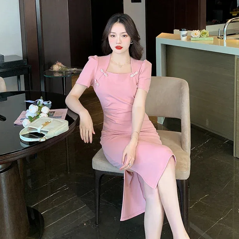 Summer Solid Color Slim Waist Fashion Female Dress Chinese Style Square Neck Pleated Tight Hip Chic Buttons Women Dresses