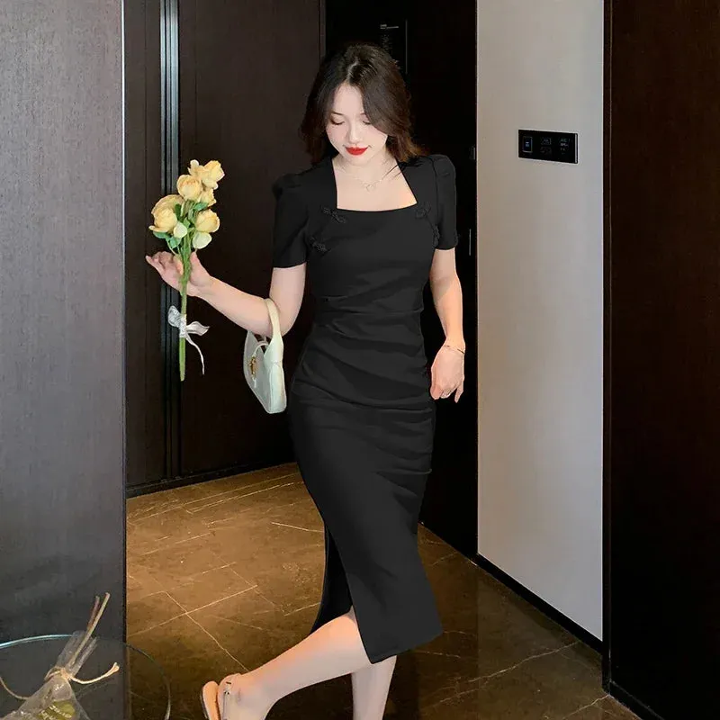 Summer Solid Color Slim Waist Fashion Female Dress Chinese Style Square Neck Pleated Tight Hip Chic Buttons Women Dresses