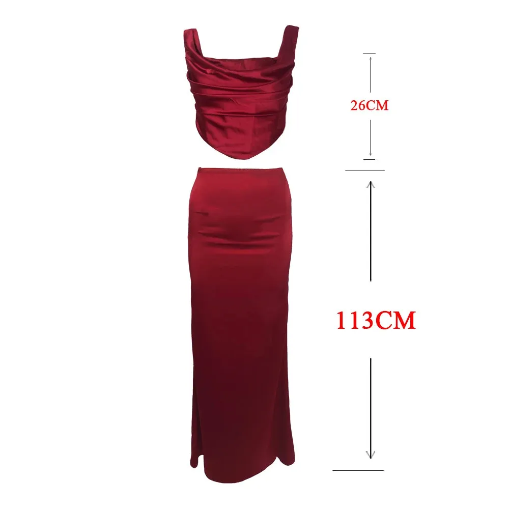 Suninheart Wine Christmas Dress Women Satin 2 Piece Dress Set Elegant Bodycon Corset Cropped Top and Long Skirt Women Clothing