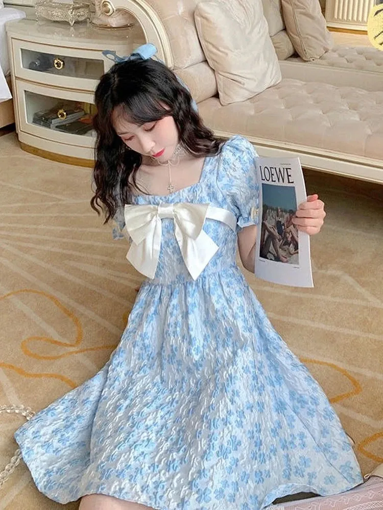 Sweet Fairy Floral Dress Women Preppy Style Soft Kawaii Flower Print Princess Short Dresses Square Collar Summer Bow