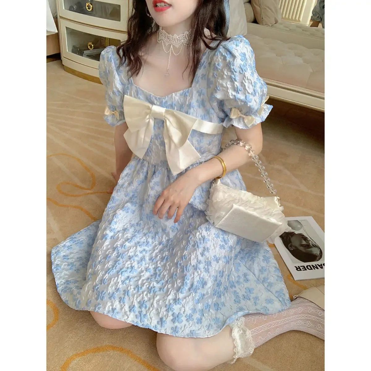 Sweet Fairy Floral Dress Women Preppy Style Soft Kawaii Flower Print Princess Short Dresses Square Collar Summer Bow