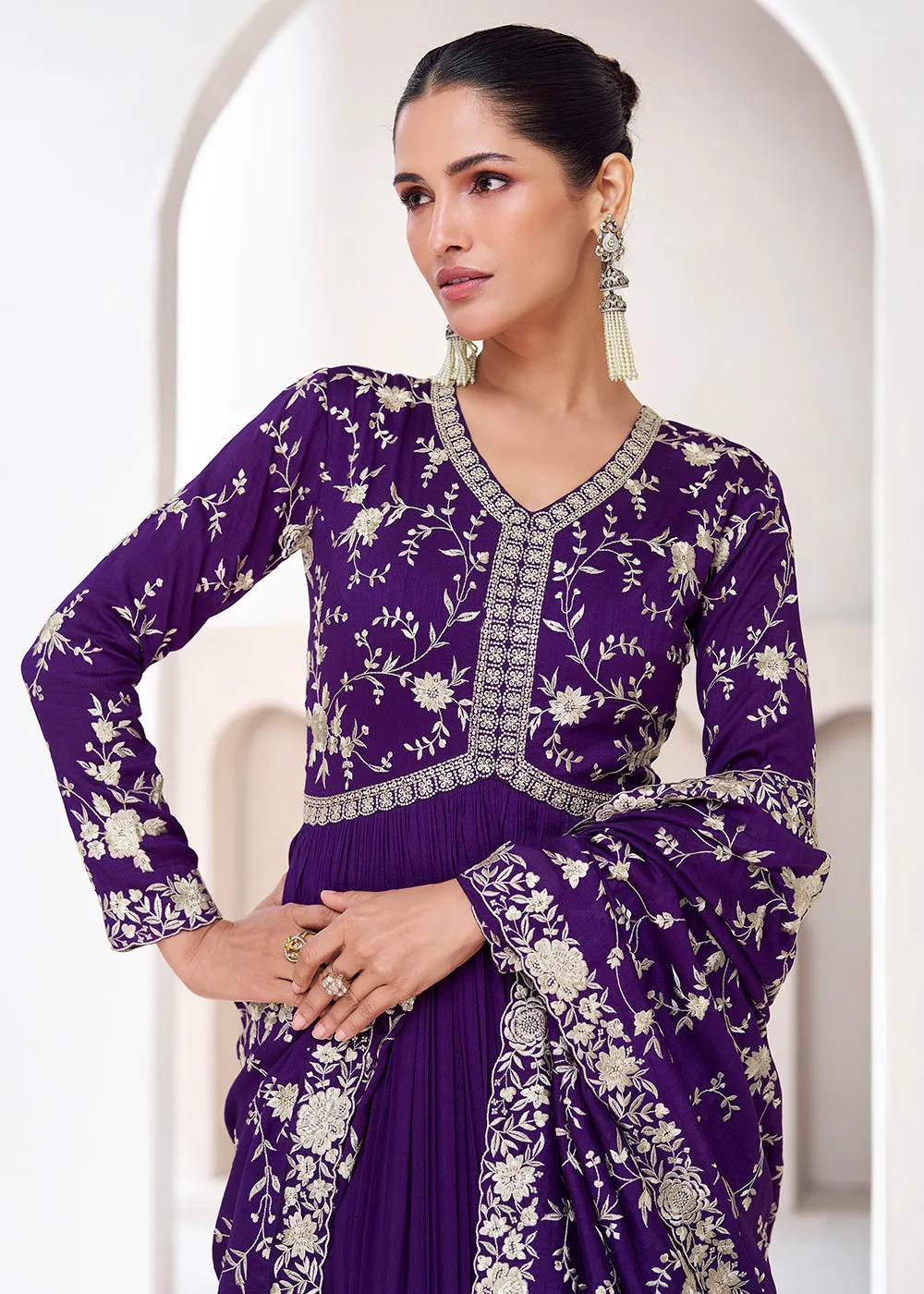 Topnotch Purple Embroidered Premium Silk Anarkali Suit