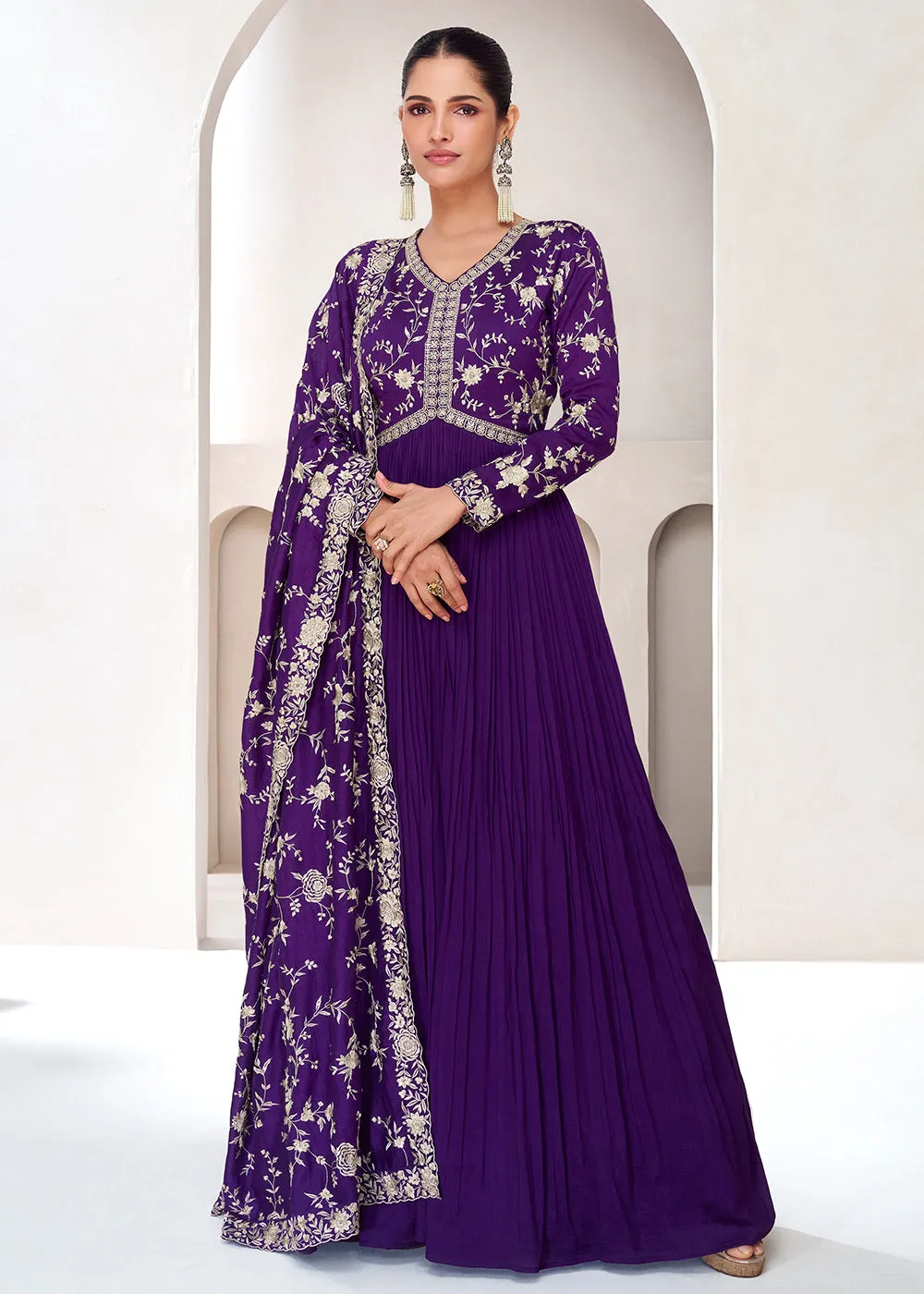 Topnotch Purple Embroidered Premium Silk Anarkali Suit