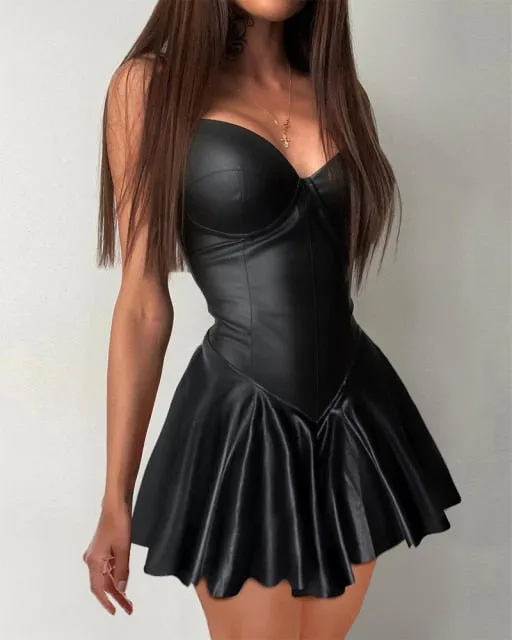 Trendy Leather Sexy Solid Black Dress