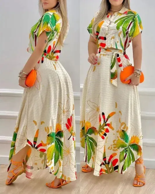 Tropical Print Skirt Suit Woman 2022 Summer New Fashion Bohemian Style Casual Elegant Button Down Crop Top & Skirt Set Clothes