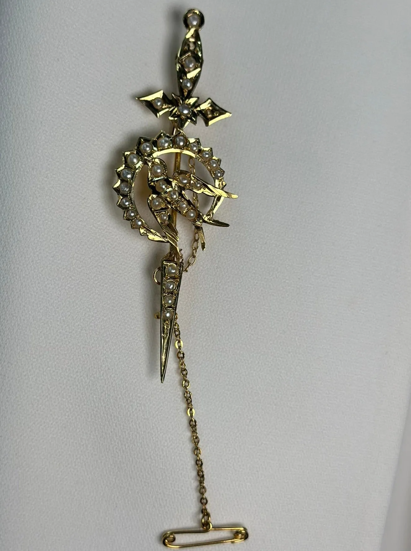 Valentine's Day Treasure: Unique 15ct Gold Pearl-Encrusted Sword & Bird Brooch