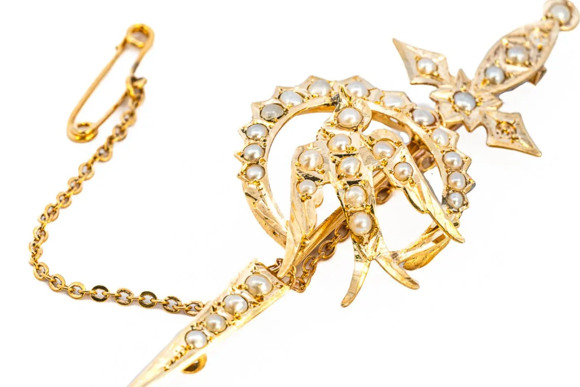 Valentine's Day Treasure: Unique 15ct Gold Pearl-Encrusted Sword & Bird Brooch