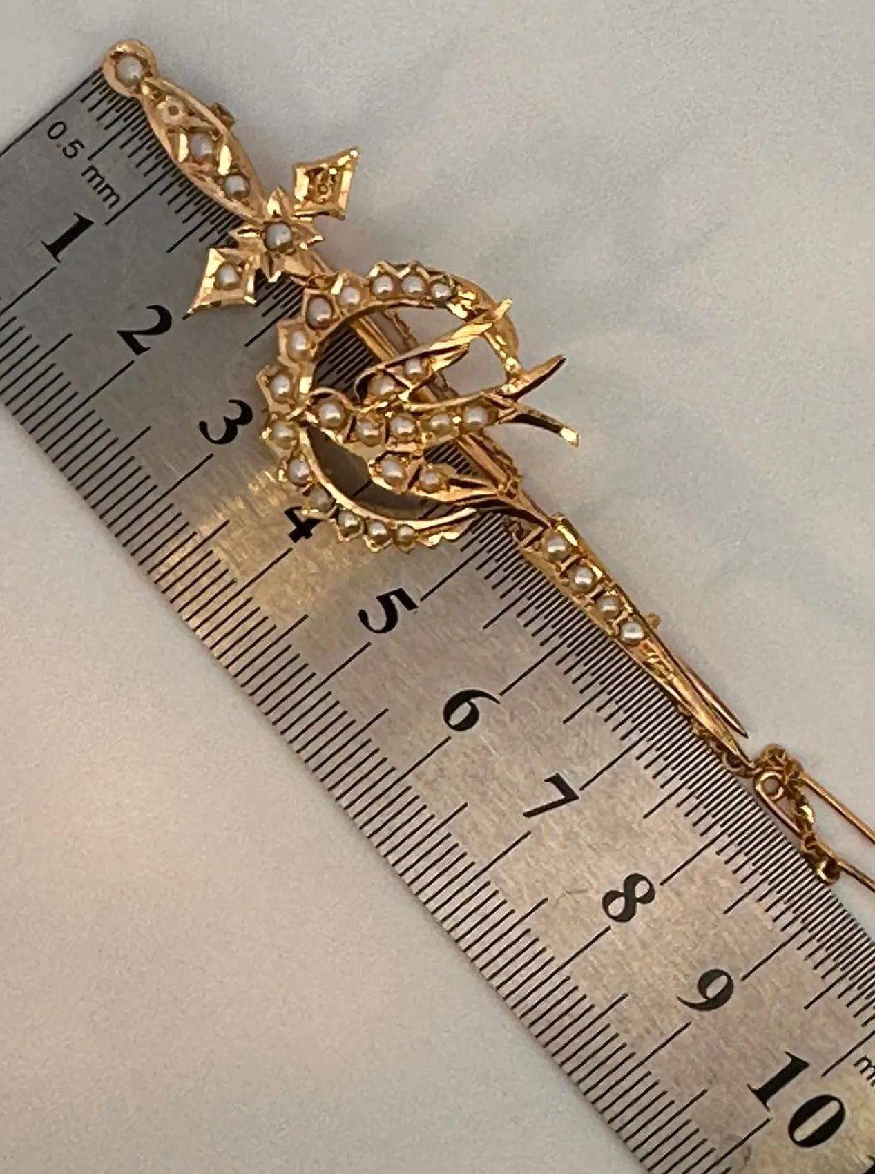 Valentine's Day Treasure: Unique 15ct Gold Pearl-Encrusted Sword & Bird Brooch